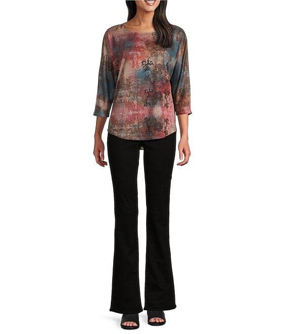 Leo & Nicole Petite Size Hacci Knit Watercolor Confluence Print Crew Neck 3/4 Dolman Sleeve Top Product Image