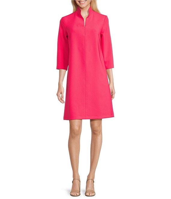 Caroline Rose Taylor Crepe Split Mandarin Collar 3/4 Sleeve A-Line Dress Product Image