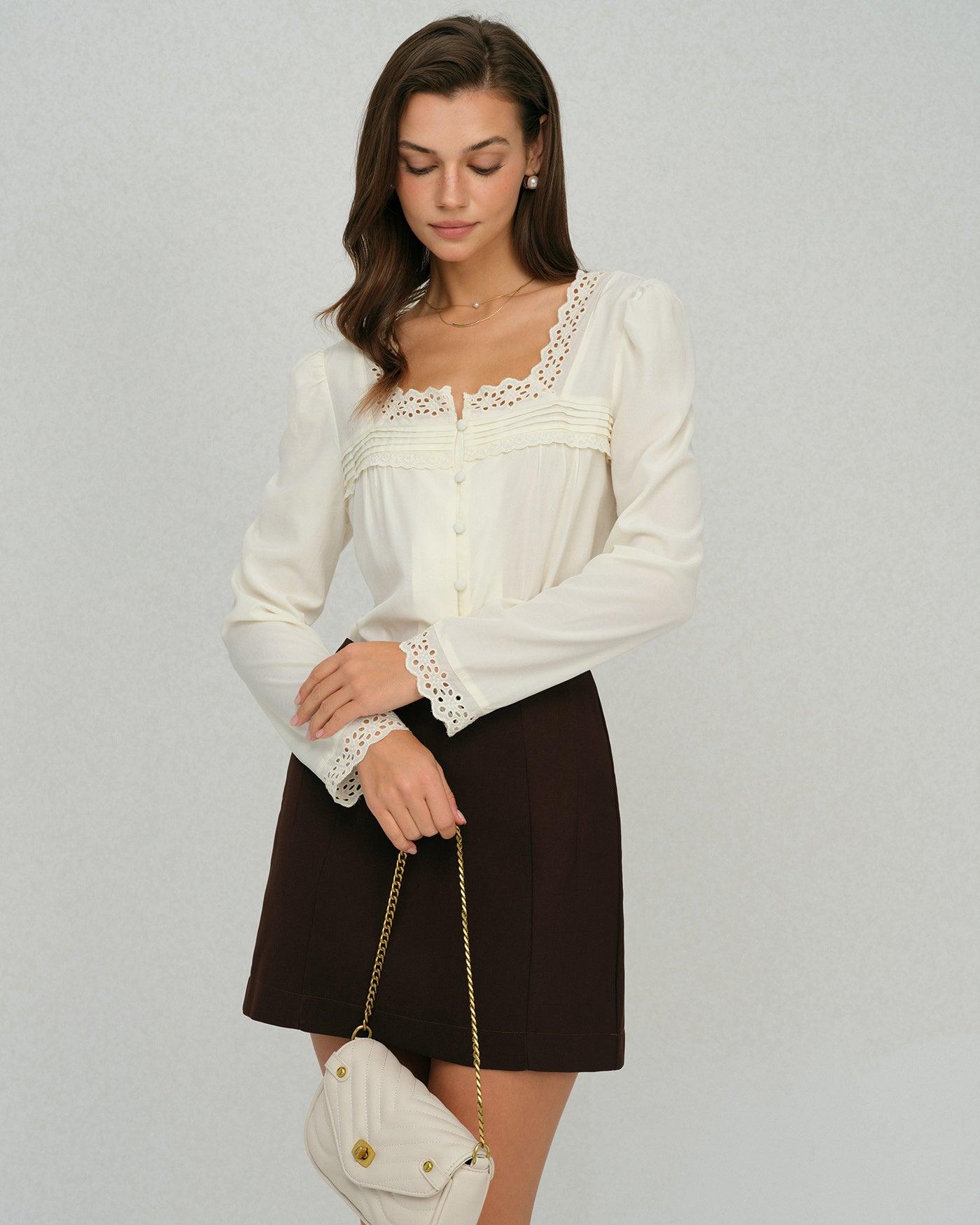Beige Square Neck Lace Blouse Product Image