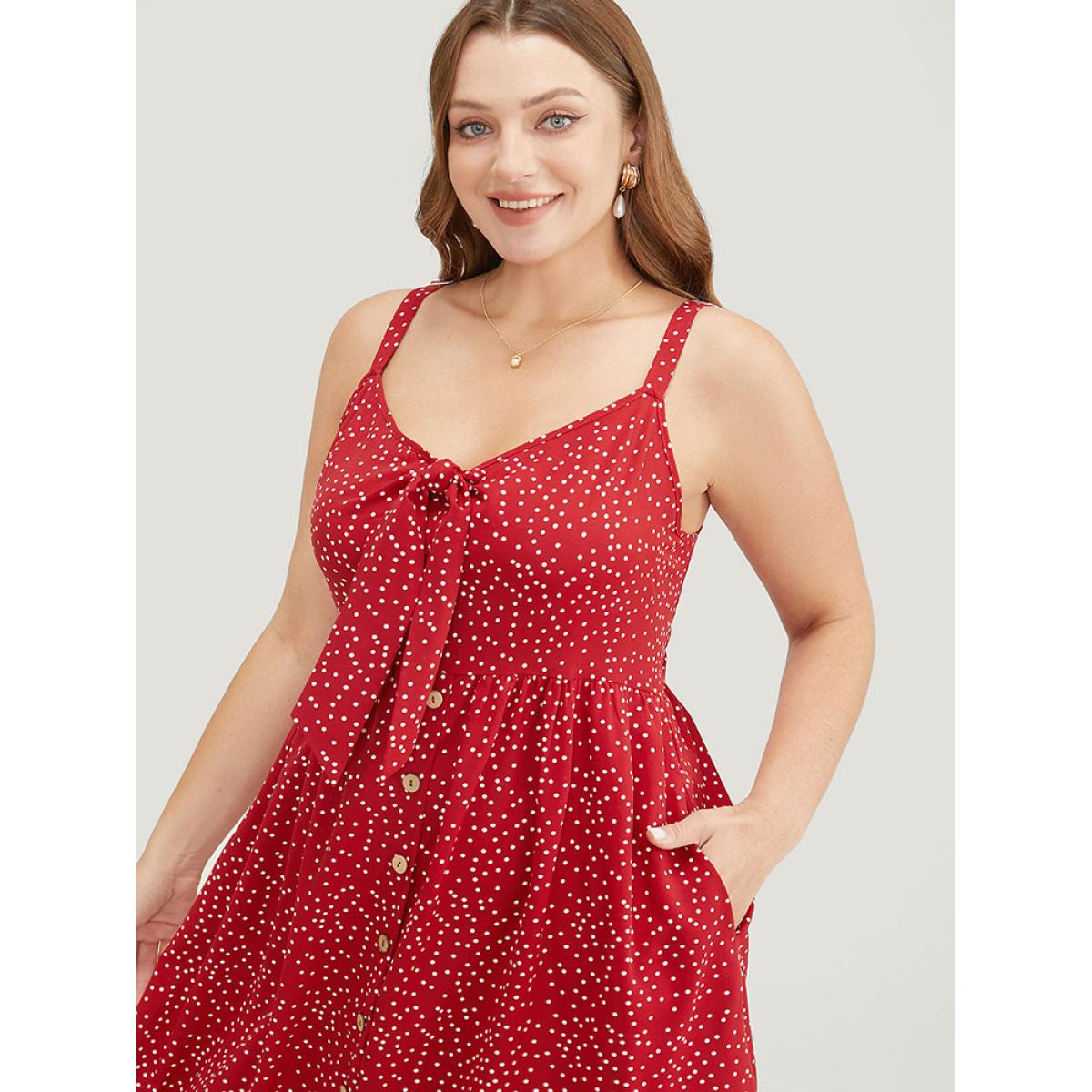 Plus Size Polka Dot Button Detail Knotted Pocket Cami Dress Crimson Women Elegant Adjustable Straps Spaghetti Strap Sleeveless Curvy Knee Dress BloomChic 14-16/1X Product Image