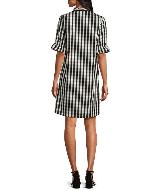 Ming Wang Woven V-Neck Short Sleeve Ruffle Dress Product Image