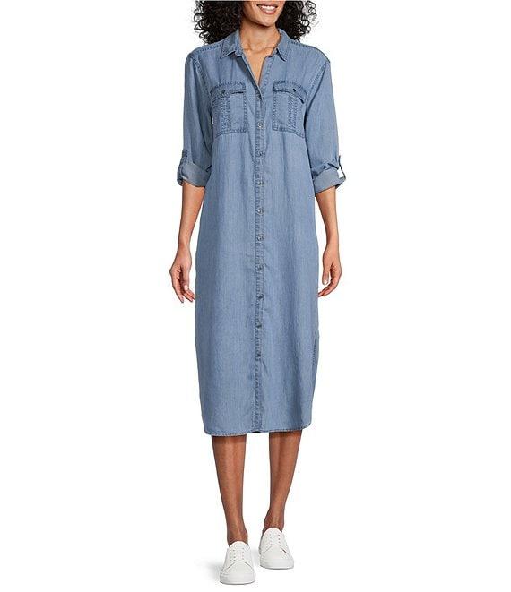 Westbound 3/4 Roll-Tab Sleeve Point Collar Button Front Chambray Midi Shirt Dress Product Image