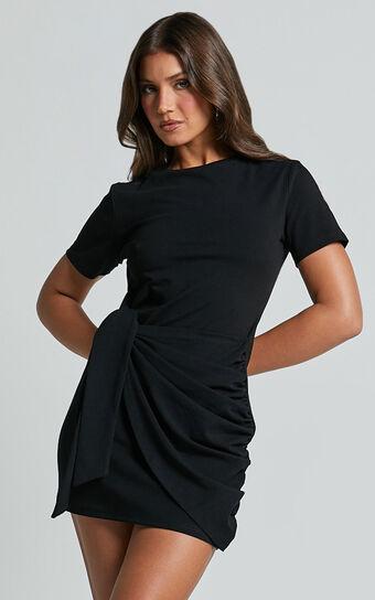 Candace Mini Dress - Faux Wrap Shift Dress in Black Product Image