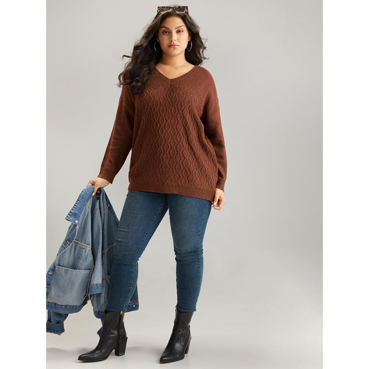 Plus Size Plisse Solid Drop Shoulder Pullover RedViolet Women Casual Loose Long Sleeve V-neck Dailywear Pullovers BloomChic 18-20/2X Product Image