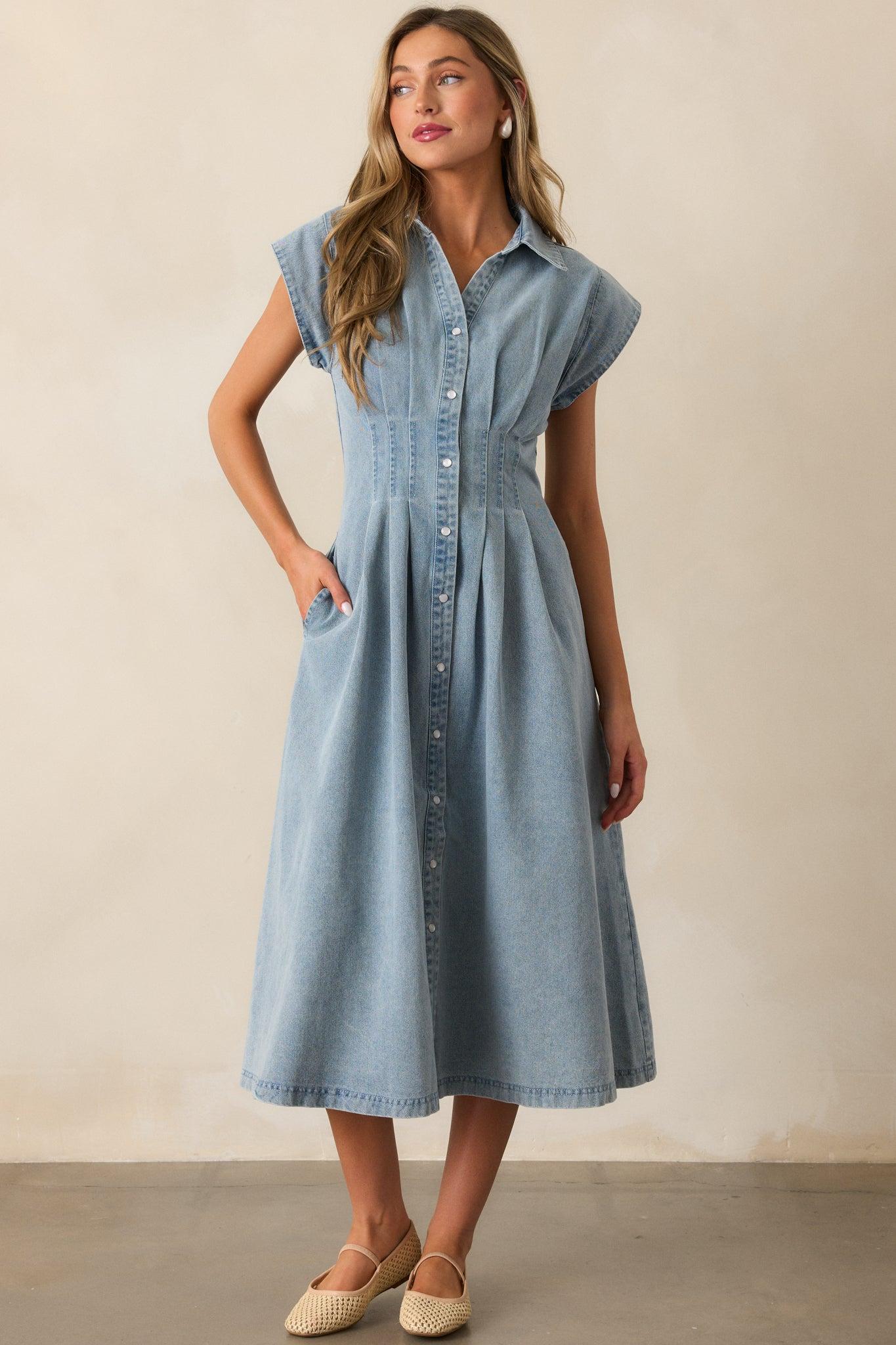 Classic Tea Party Light Wash Denim Button Front Pleated Midi Dress Product Image