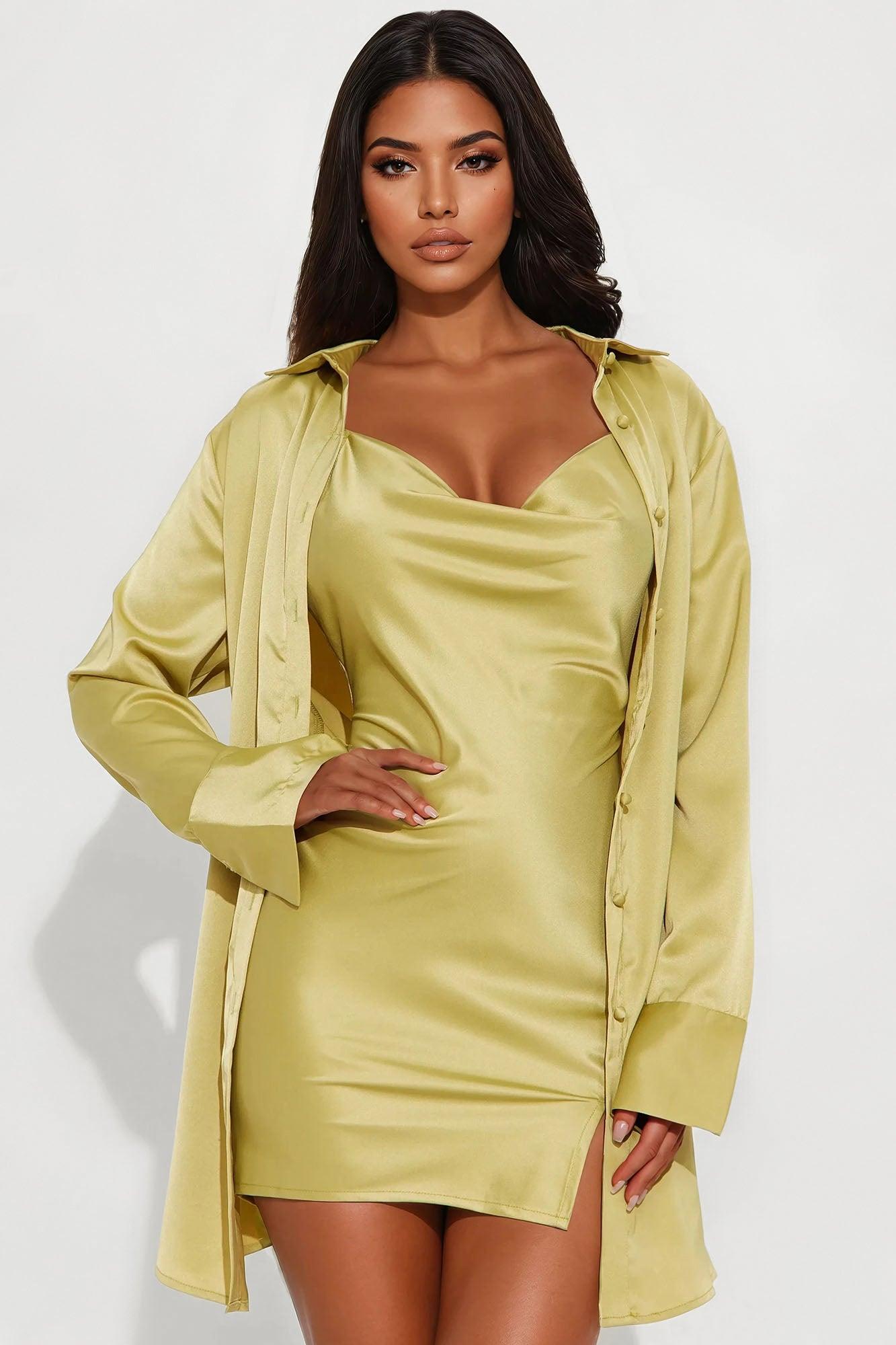 Adria Satin Mini Dress Set - Chartreuse Product Image