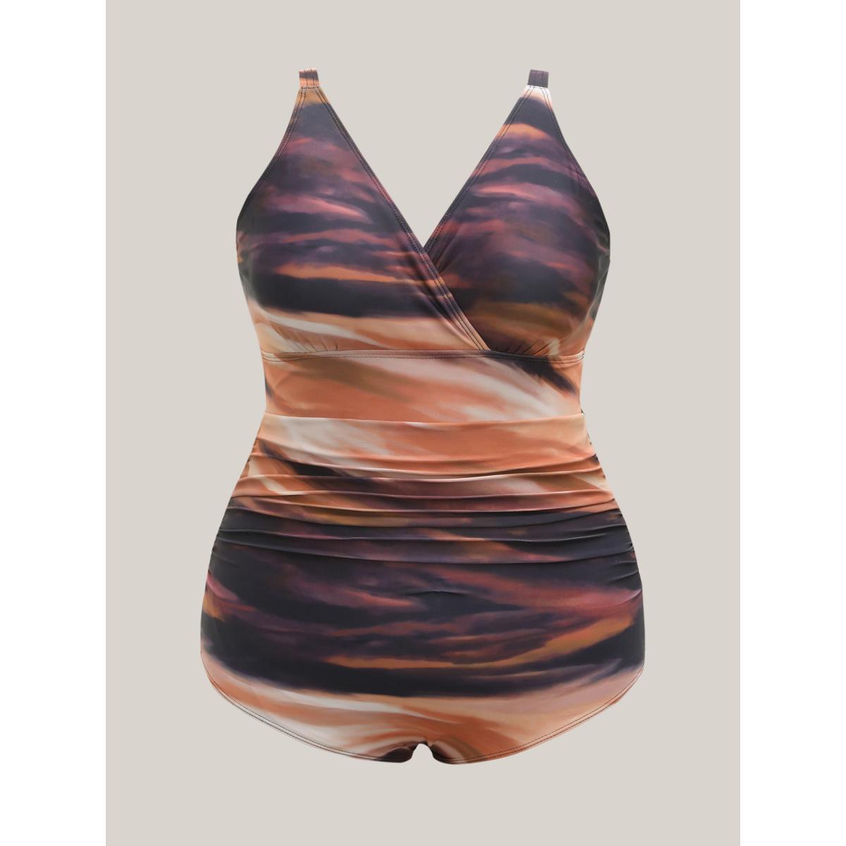 Plus Size Two-Piece Ombre Gradient Surplice Swimsuit, Sarong Women's Swimwear Multicolor Beach Pleated Curve Bathing Suits High stretch One Pieces BloomChic 10/M Product Image