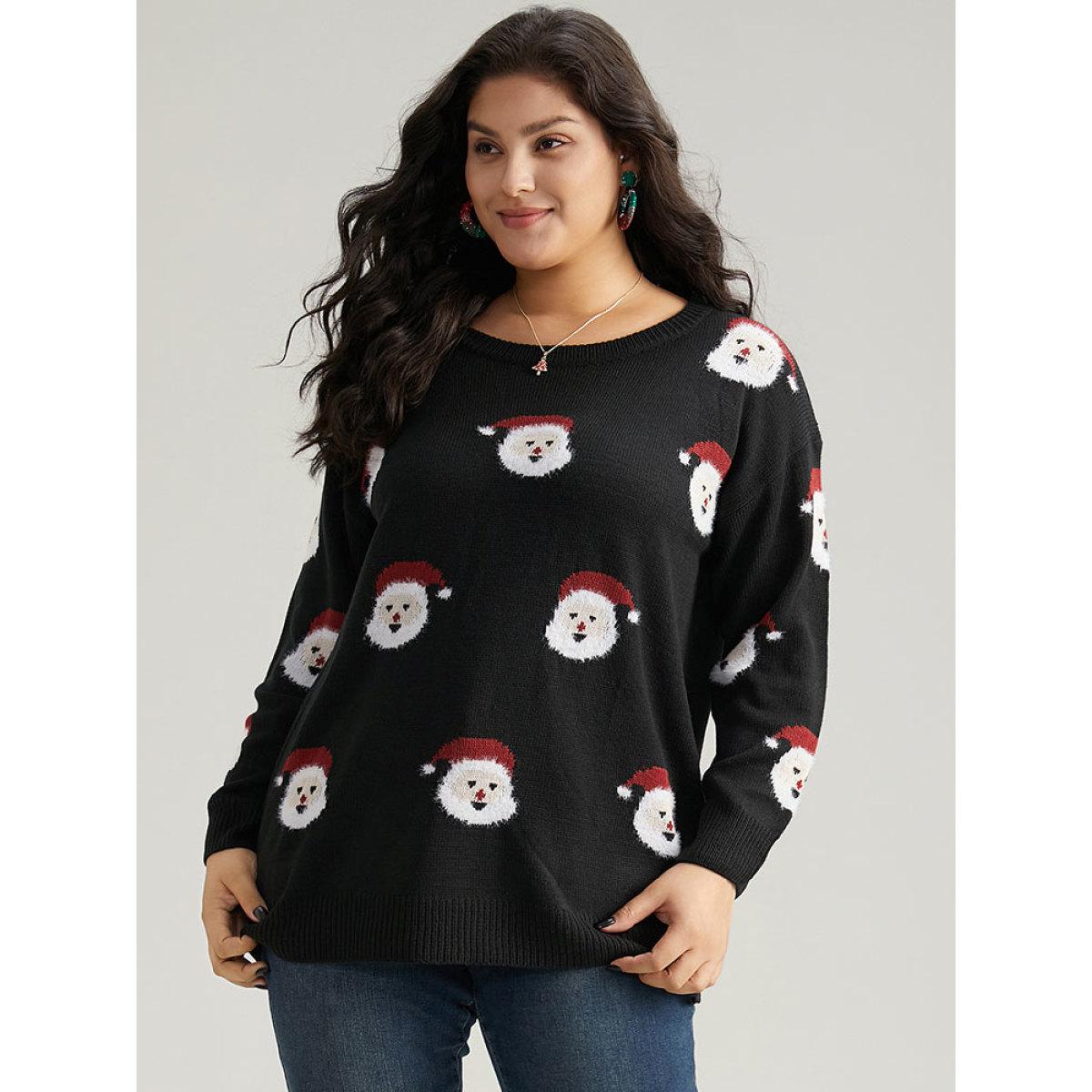 Plus Size Jolly Fellow Motifs Round Neck Pullover Black Women Casual Long Sleeve Round Neck Festival-Christmas Pullovers BloomChic 28/5X Product Image