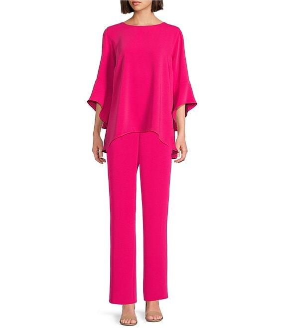 Caroline Rose Julia Matte Crepe Crew Neck 3/4 Ruffled Sleeve High-Low Hem Top Product Image