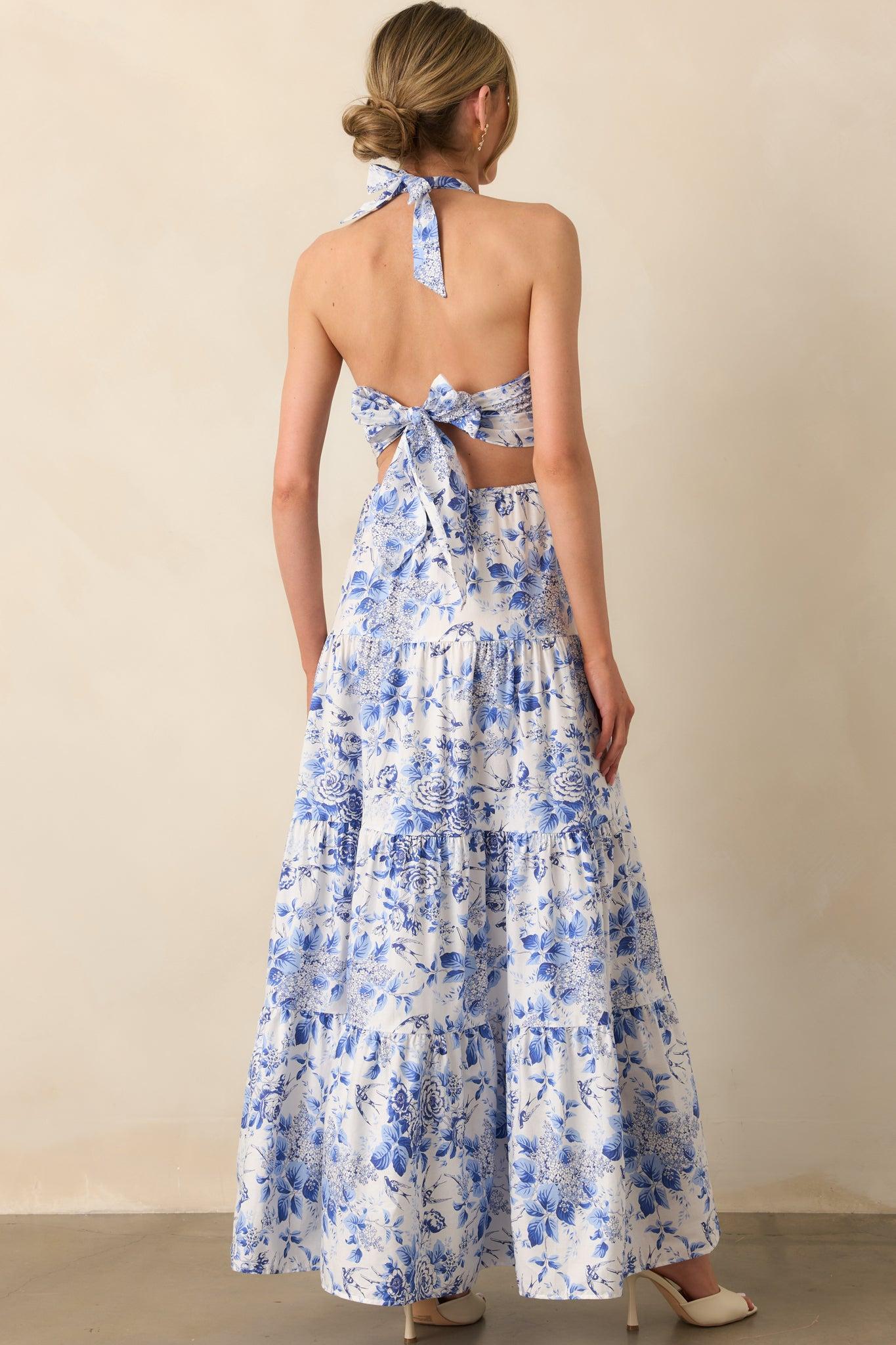 Secret Garden Blue Floral Cotton Halter Maxi Dress Product Image