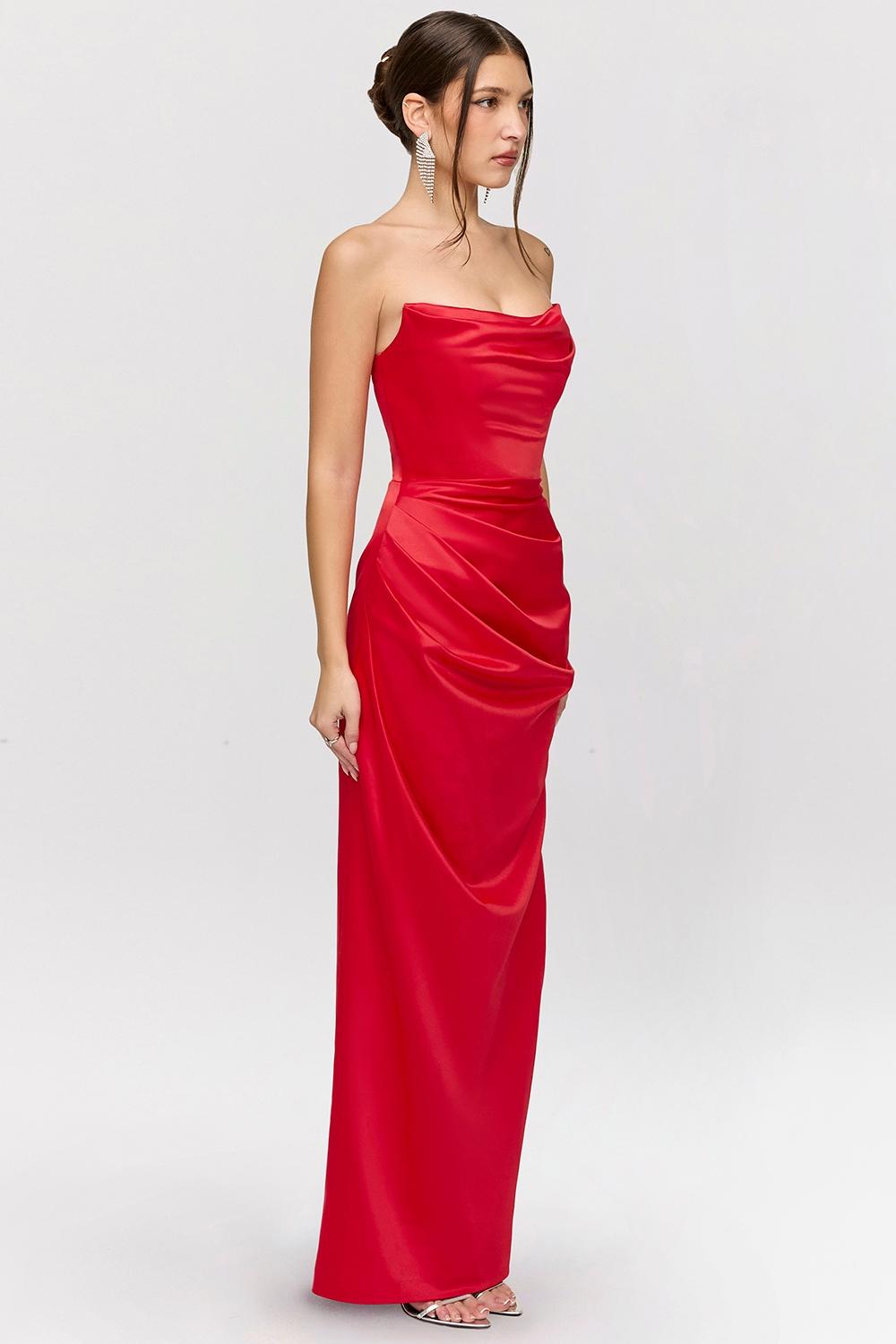 Adrienne  scarlet satin strapless gown Product Image