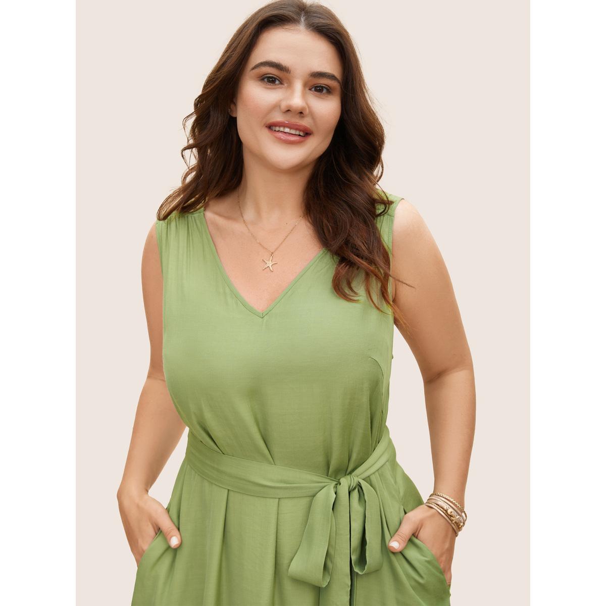 Plus Size Solid Back Cut Out Belted Dress Palemauve Women Resort Belted V-neck Sleeveless Curvy BloomChic 12/L Product Image