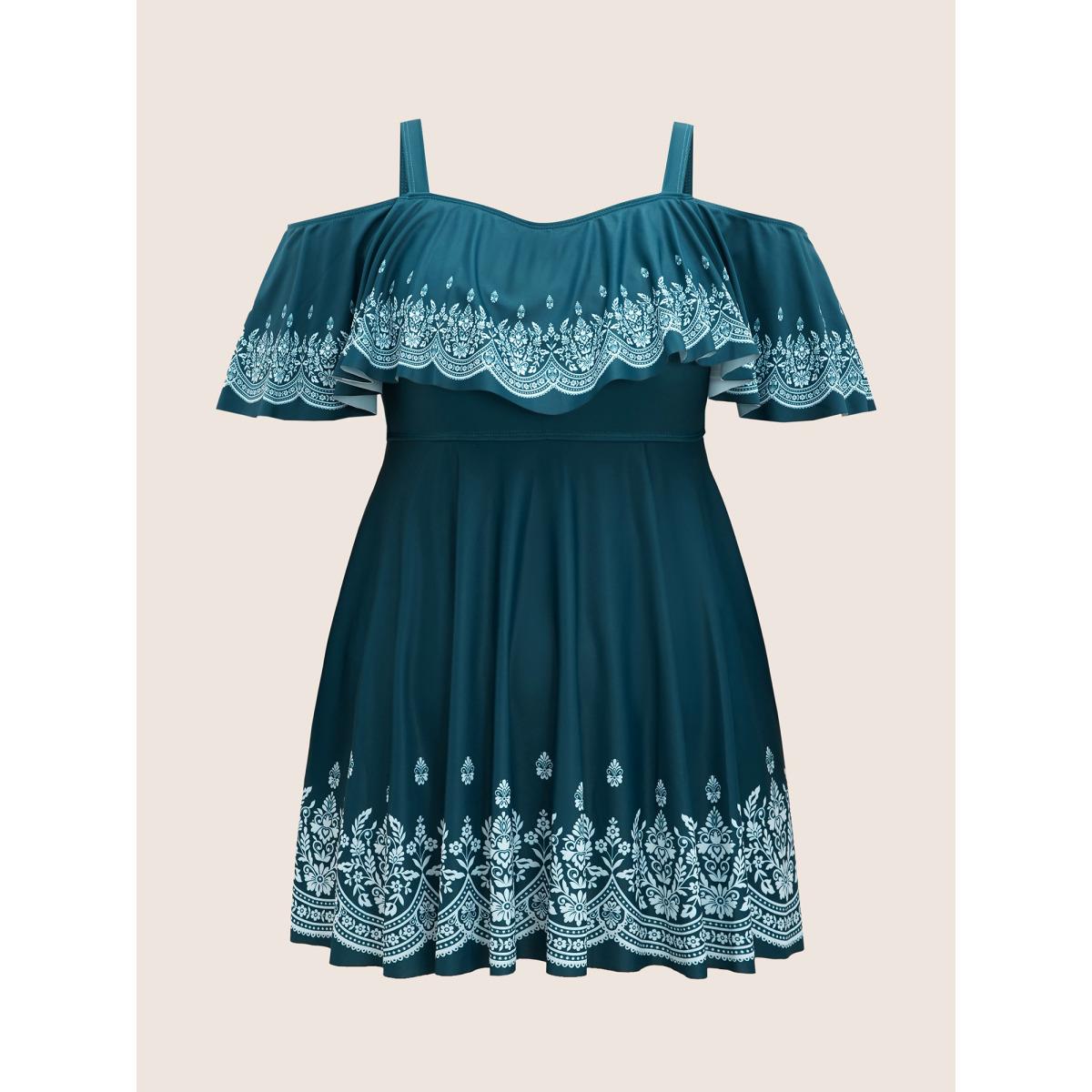 Plus Size Boho Print Off Shoulder Ruffle Trim Swim Dress Women's Swimwear Cyan Beach Bodycon One-shoulder neck High stretch Curve Swim Dresses BloomChic 12/L Product Image