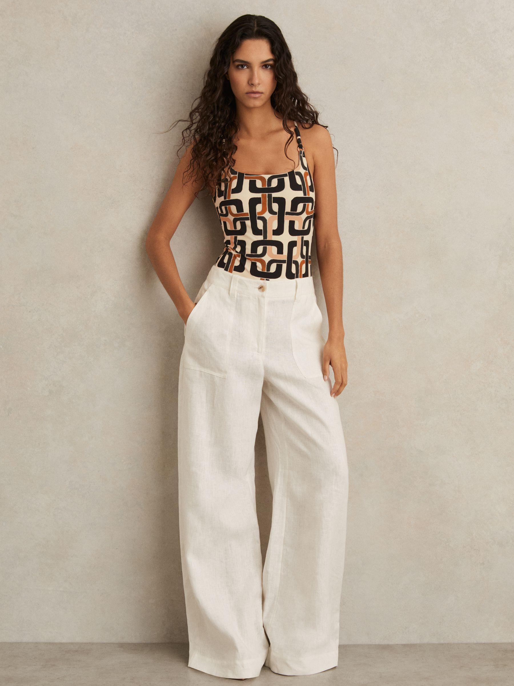 Chain-Print Square-Neck Swimsuit in Brown/Cream Product Image