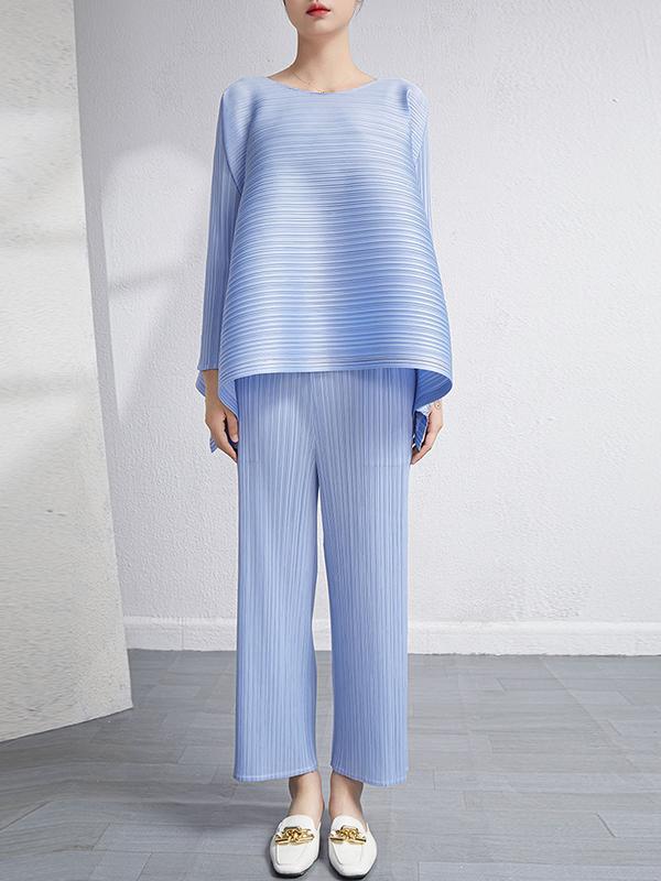 Loose Pleated Solid Color High-Low Round-Neck T-Shirts  + Pants Two Pieces Set Product Image