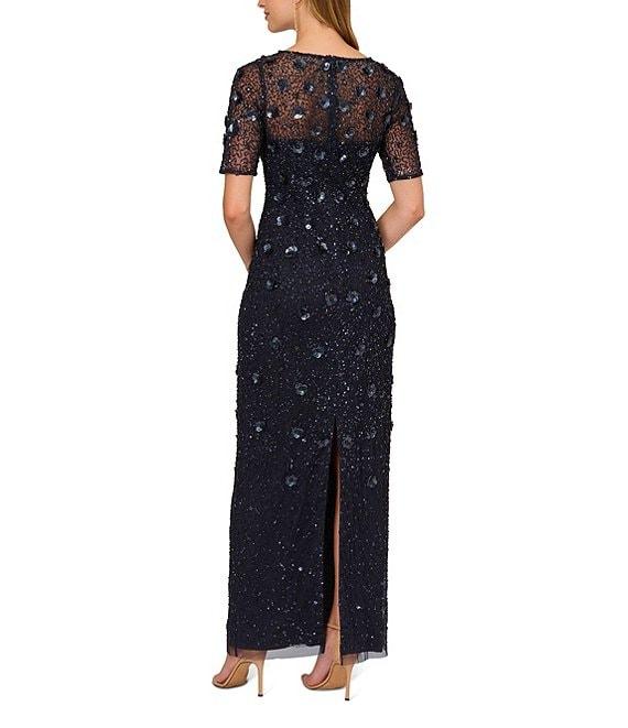 Adrianna Papell Floral Beaded Mesh Round Neck Short Sleeve Gown Product Image