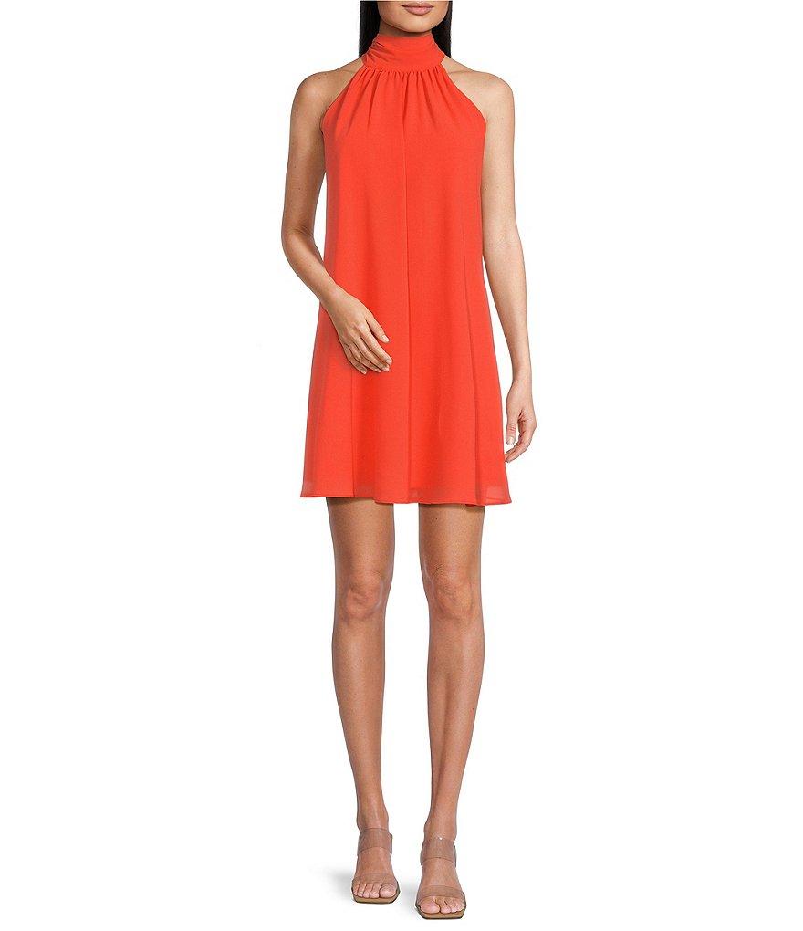 Belle by Badgley Mischka Elise Georgette Turtleneck Sleeveless Back Tie Waistless Trapeze Mini Dress Product Image