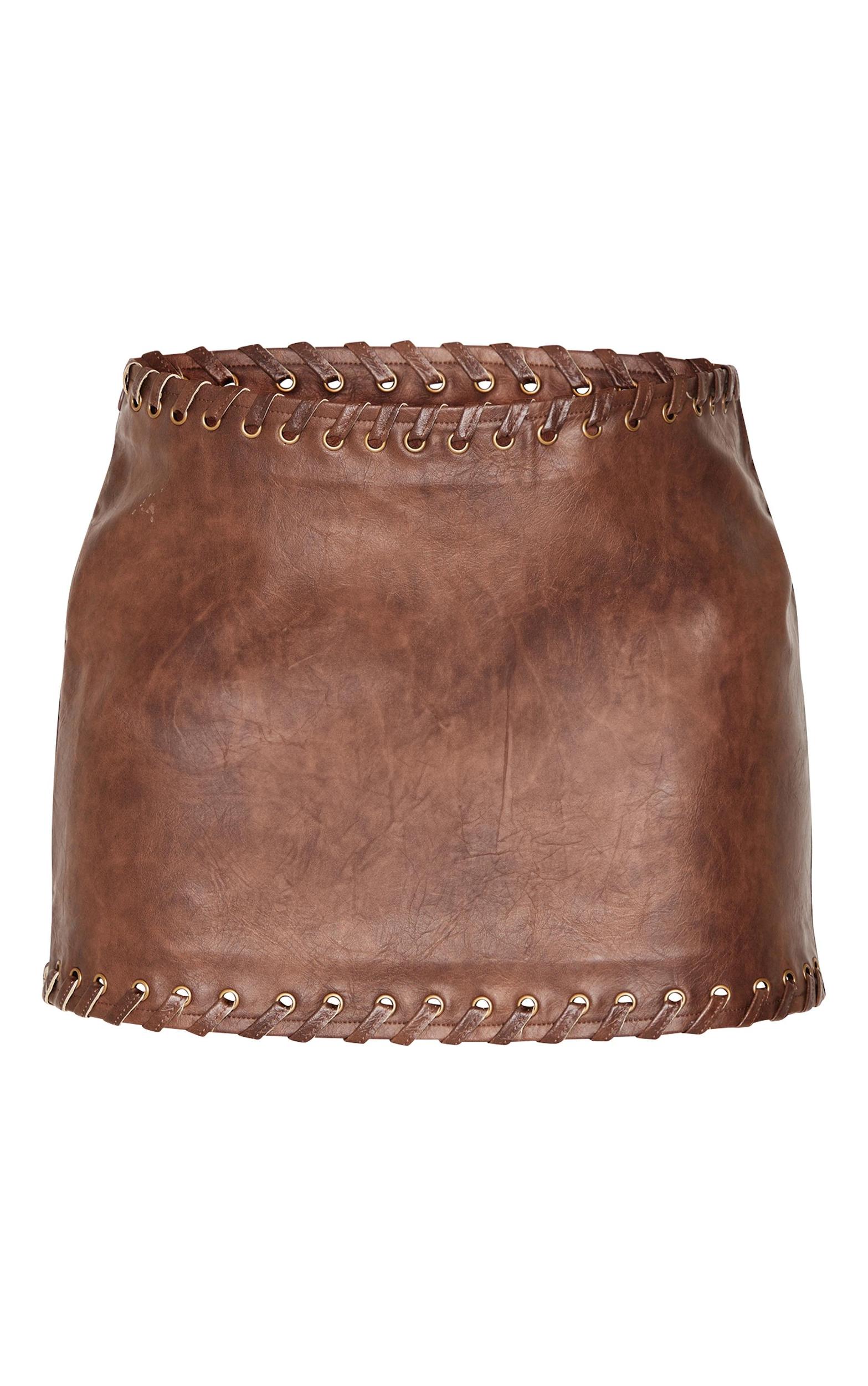 Chocolate Brown Faux Leather Plaited Mini Skirt Product Image