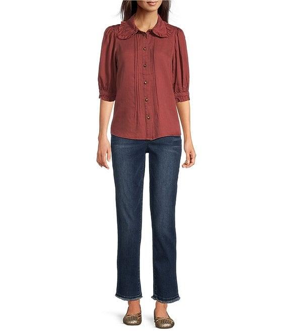 Democracy Petite Size Lyocell Ruffle Edge Collar Elbow Sleeve Button Front Top Product Image