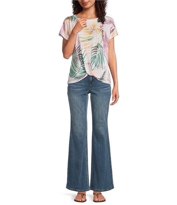 Democracy Petite Size Tropical Palm Print Scoop Neck Short Sleeve Twist Front Hem Knit Top Product Image