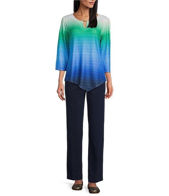 Allison Daley Petite Size Ombre 3/4 Sleeve Keyhole Neck Asymmetric Hem Knit Top Product Image