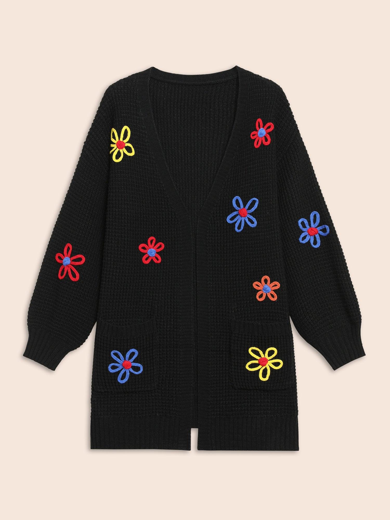 Crochet Floral Puff Sleeve Pocket Cardigan Female Product Image