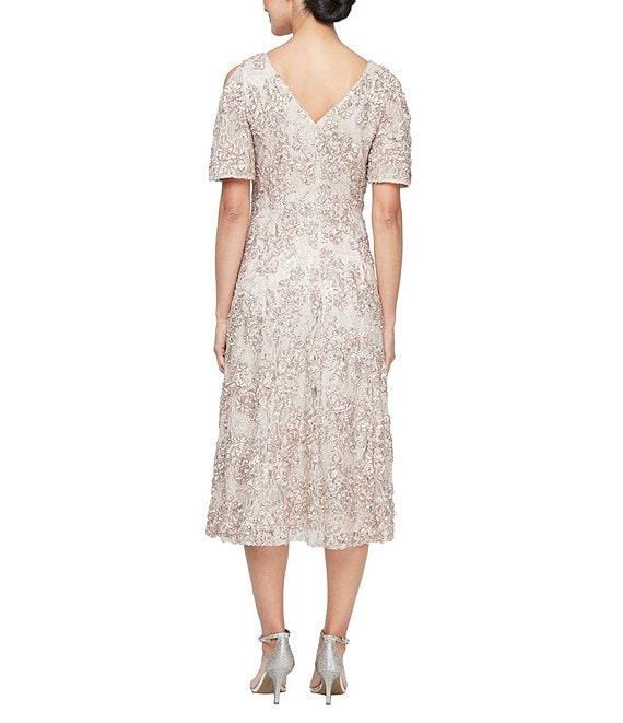 Alex Evenings Short Sleeve V-Neck Short Sleeve Lace Soutache A-Line Midi Dress Product Image