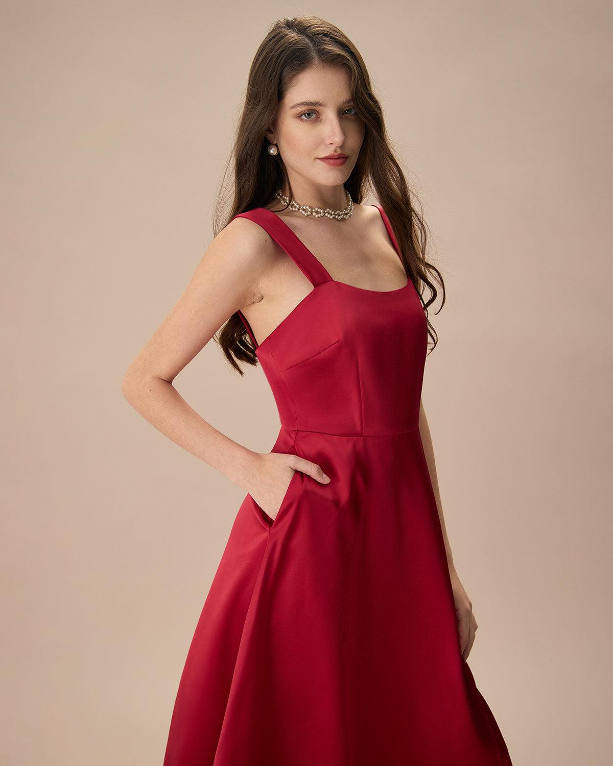 Women's Red Satin Slip Midi Dress Female Product Image