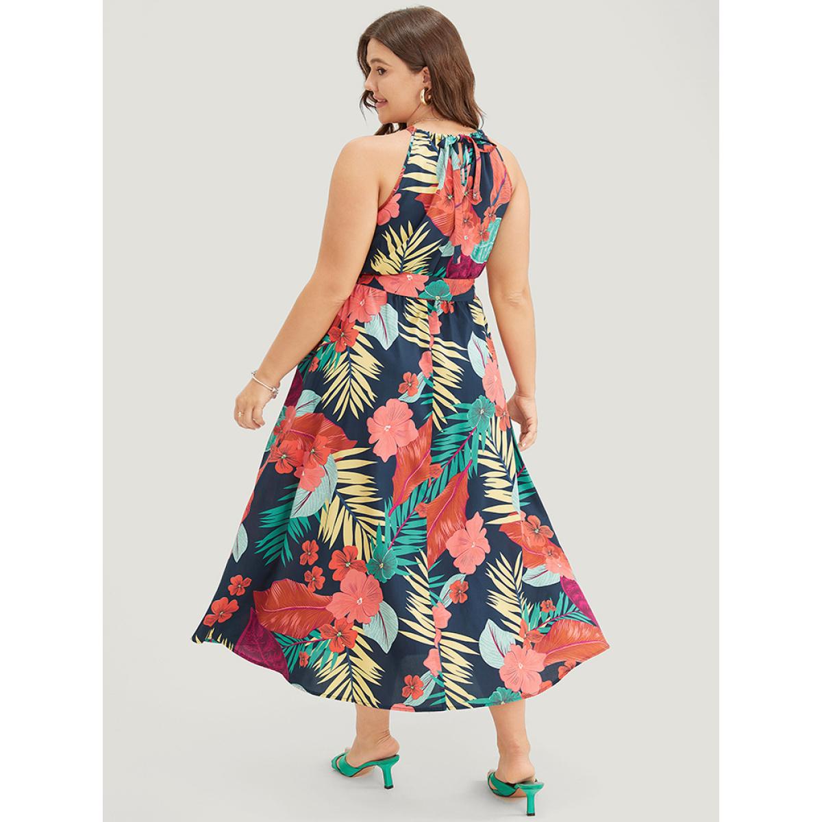 Plus Size Tropical Print Ruffle Hem Pocket Belt Knotted Halter Dress DarkBlue Women Vacation Cross straps Halter neck Sleeveless Curvy Midi Dress BloomChic 18-20/2X Product Image
