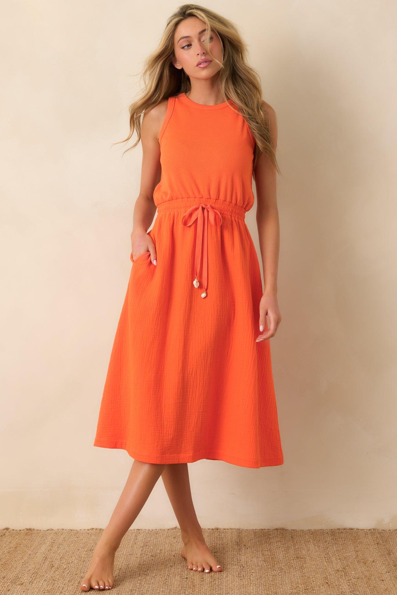 Paradisa Bonita Orange Cotton Sleeveless Midi Dress Product Image