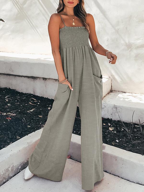 High Waisted Loose Elasticity Pleated Pockets Split-Joint Spaghetti-Neck Jumpsuits Product Image