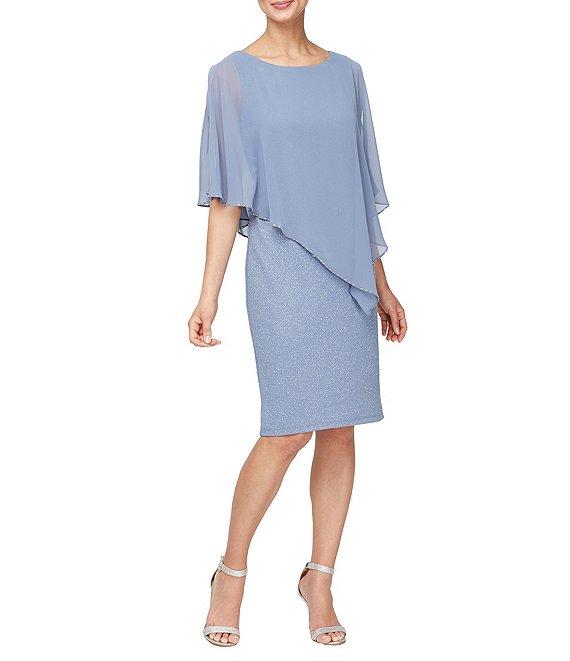 Ignite Evenings Short Sleeve Crew Neck Asymmetric Overlay Bodice Glitter Sheath Dress Product Image
