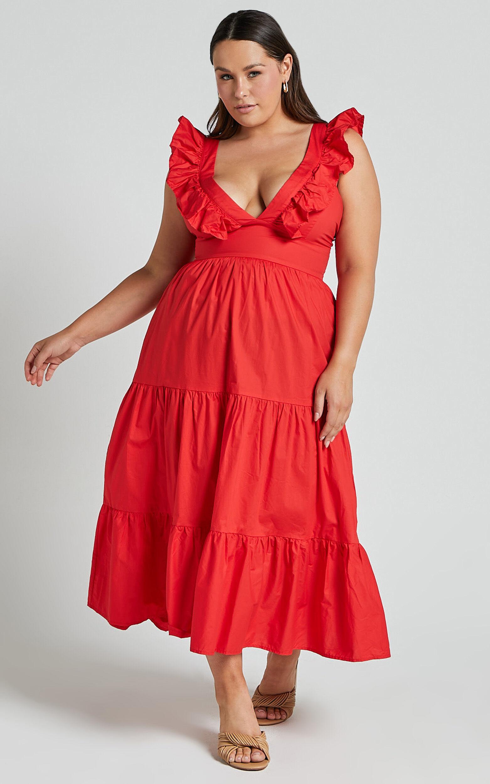 Levona Midi Dress - Ruffle Shoulder Tiered Dress in Cherry Tomato Product Image