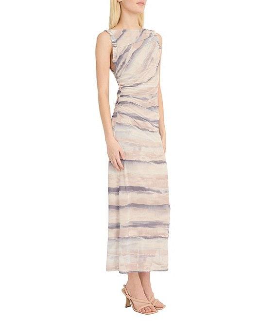 Donna Morgan Power Mesh Multi Print Boat Neck Sleeveless Sheath Midi Dress Product Image