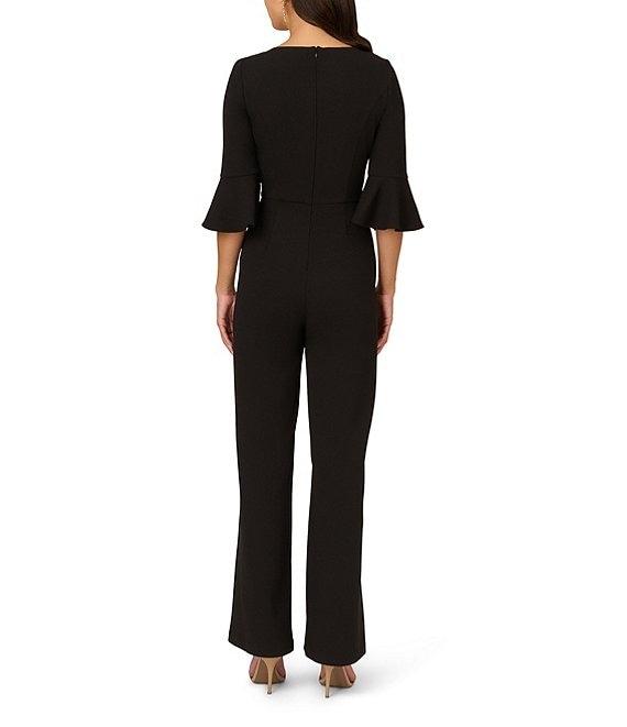 Adrianna Papell Crepe Square Neck 3/4 Bell Sleeve Tie Front Straight Leg Jumpsuit Product Image