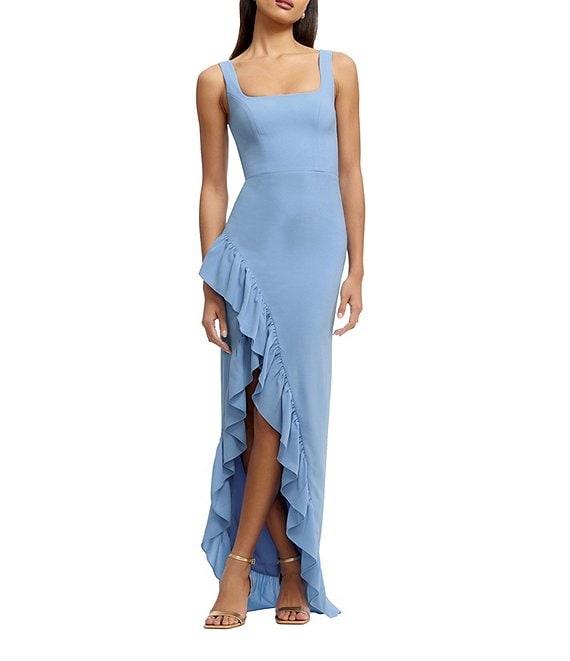 Dress the Population Charlene Square Neck Sleeveless Cascading Ruffle Side Slit Gown Product Image