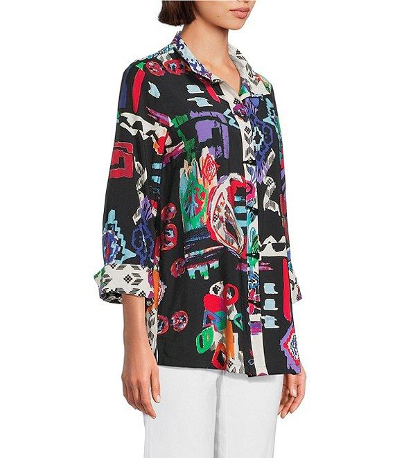 Ali Miles Abstract Printed Woven Wire Collar 3/4 Sleeve Button Front Tunic Product Image