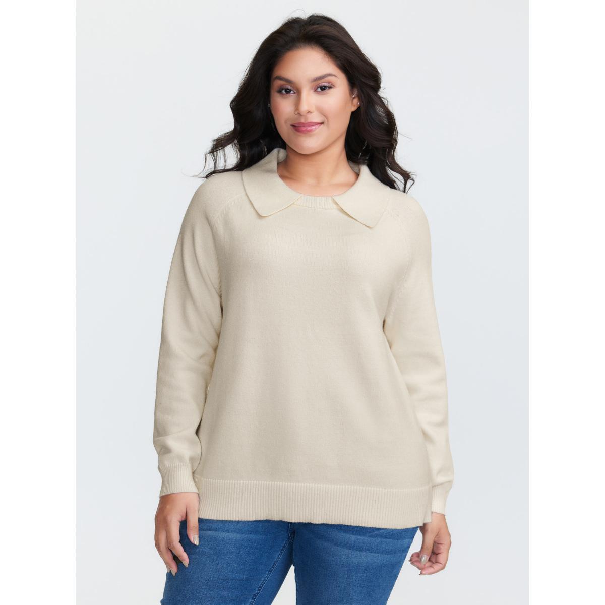 Plus Size 2 In 1 Shirt Collar Relaxed Fit Pullover Ivory Women Leisure Loose Long Sleeve Round Neck Casual Pullovers BloomChic 10/M Product Image