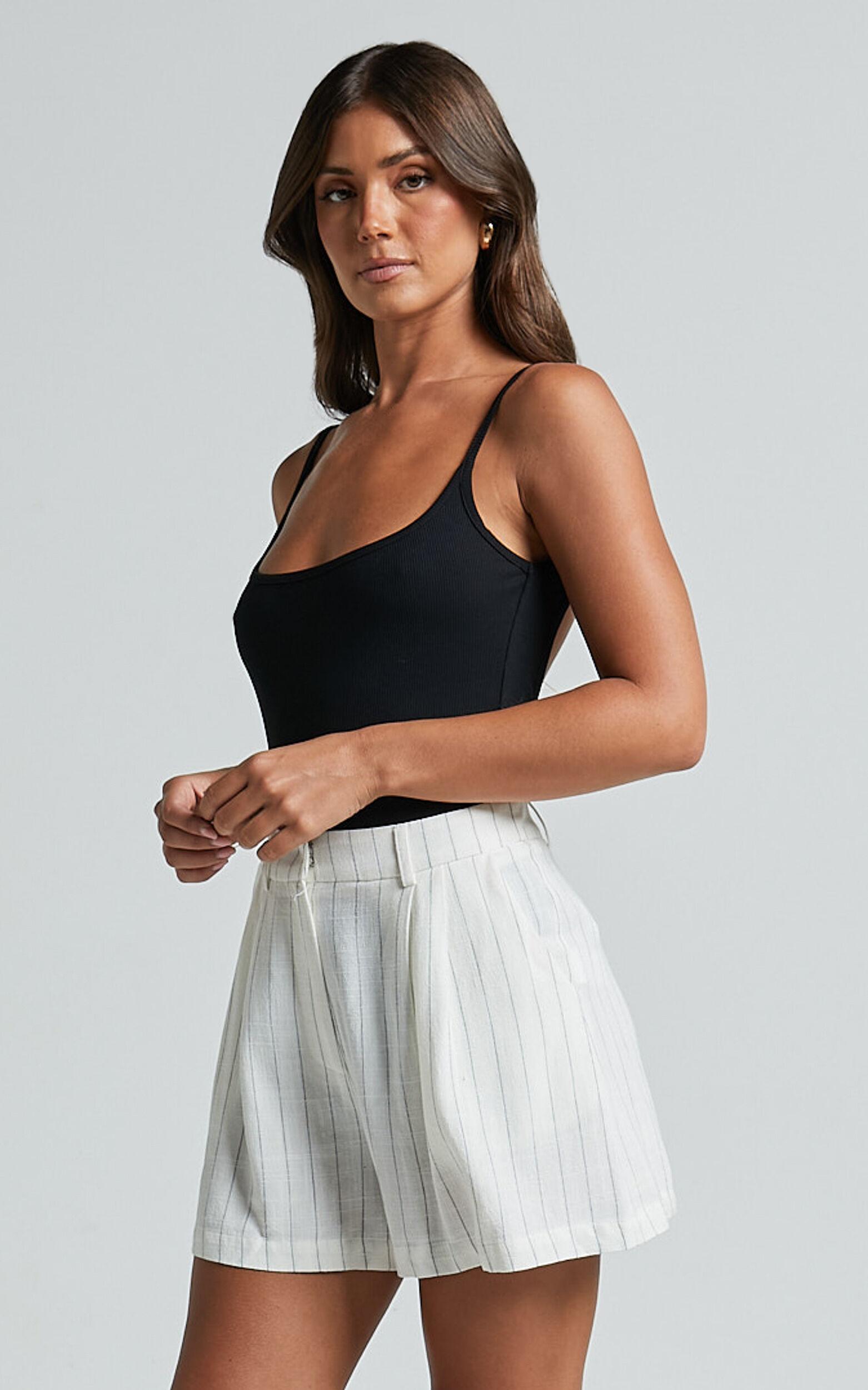 Manon Shorts - Linen Tailored Pinstripe Shorts in White Product Image
