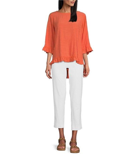 Multiples Solid Crinkle Woven Scoop Neck 3/4 Sleeve Hi-Low Hem Ruffle Top Product Image