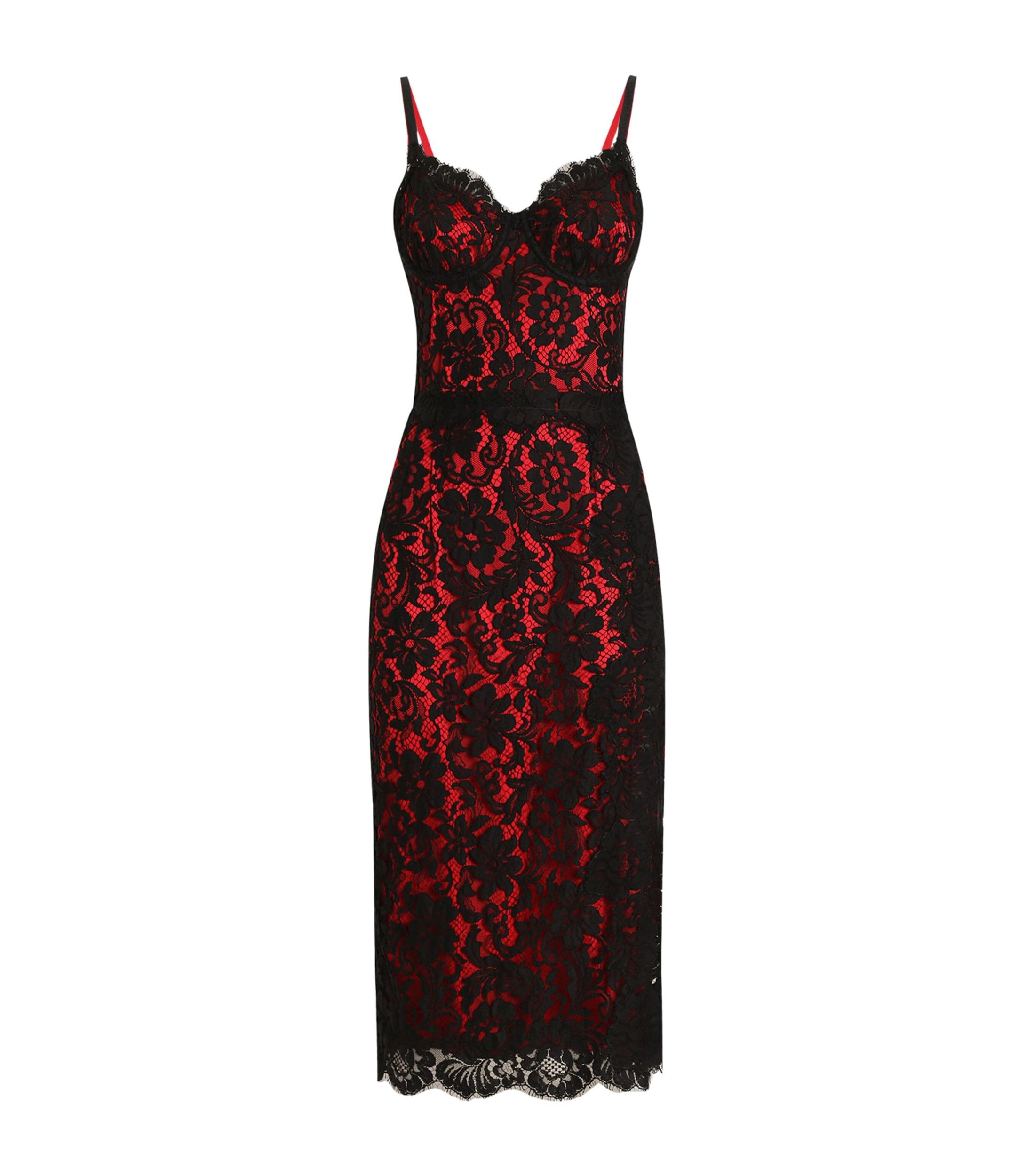 DOLCE & GABBANA Lace Midi Slip Dress In Black/red Product Image