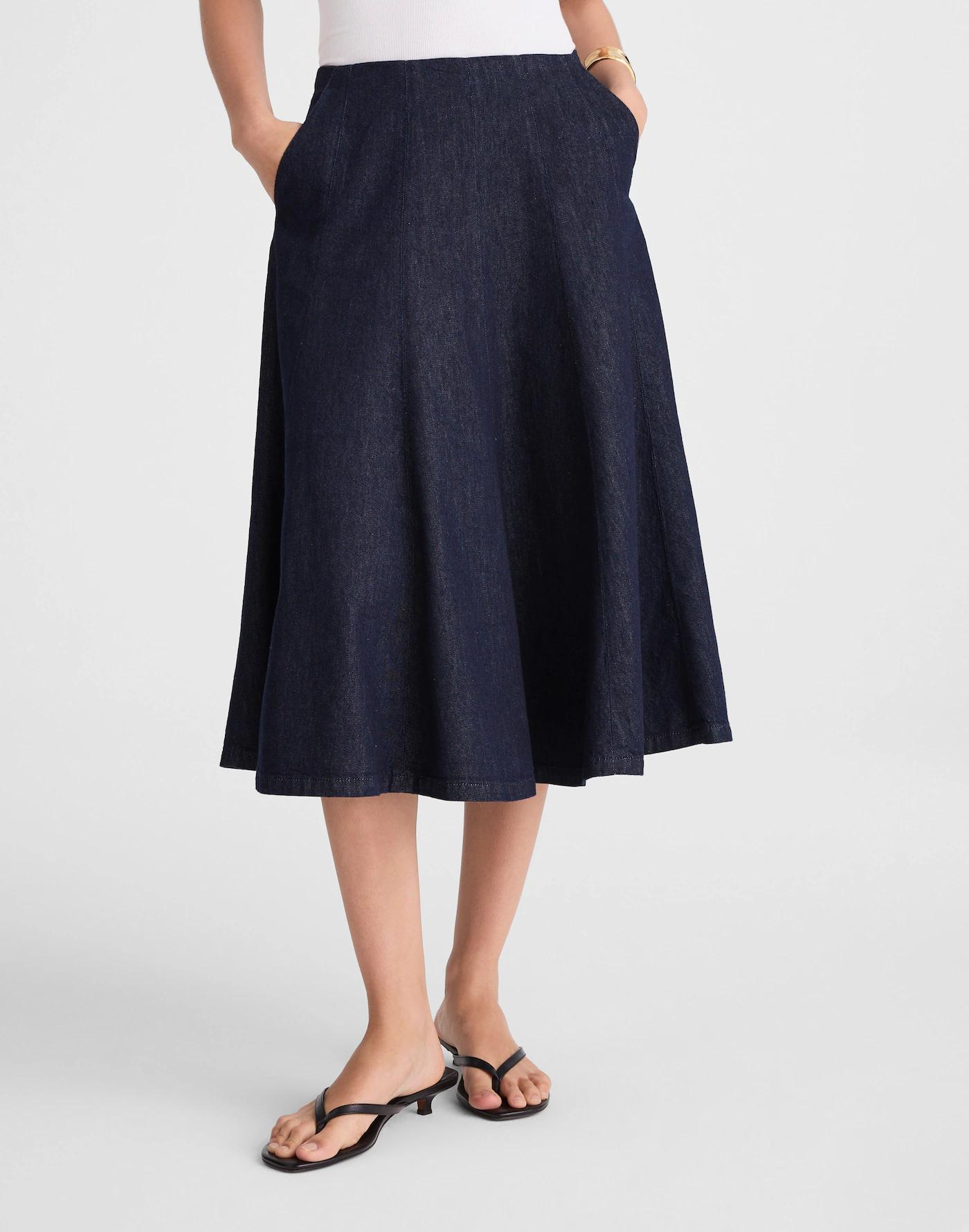 Flared Denim Midi Skirt in Rinse Wash Product Image