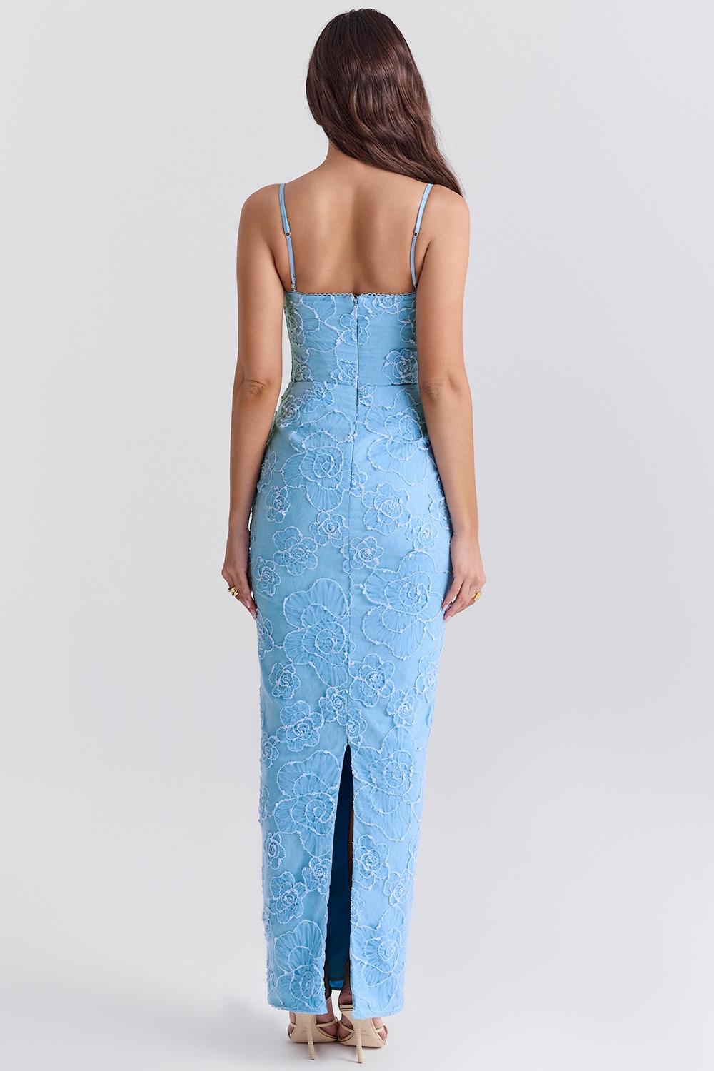 Eva  tuscan blue embroidered floral maxi dress Product Image
