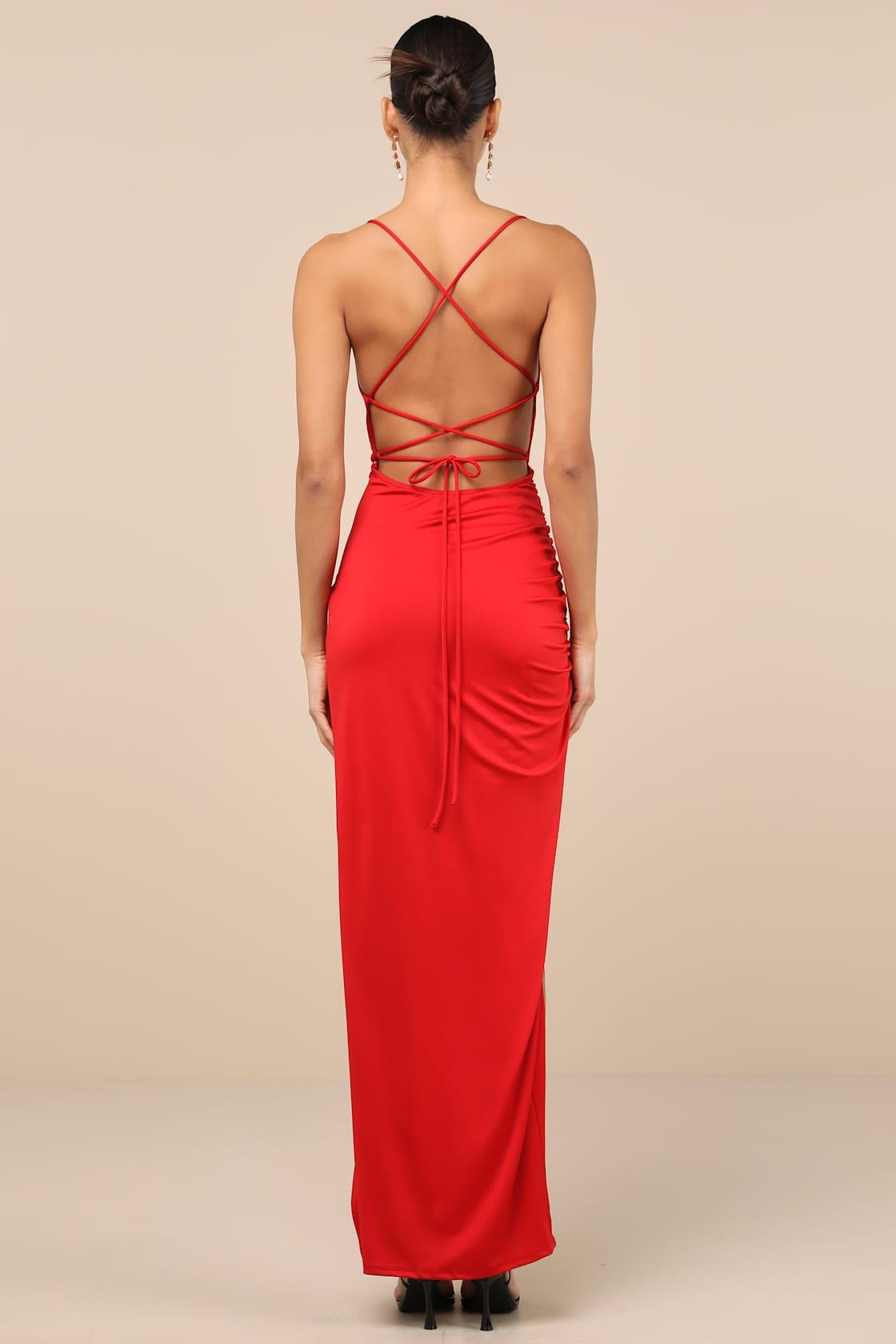 Stunning Perception Red Slinky Lace-Up Maxi Dress Product Image