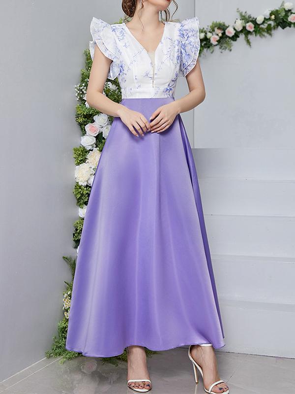 High Waisted Petal Sleeves Printed Split-Joint Deep V-Neck Maxi Dresses Product Image