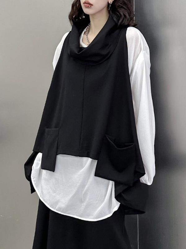 High-Low Irregular Clipping Hooded Solid Color Heaps Collar Vest Top Product Image