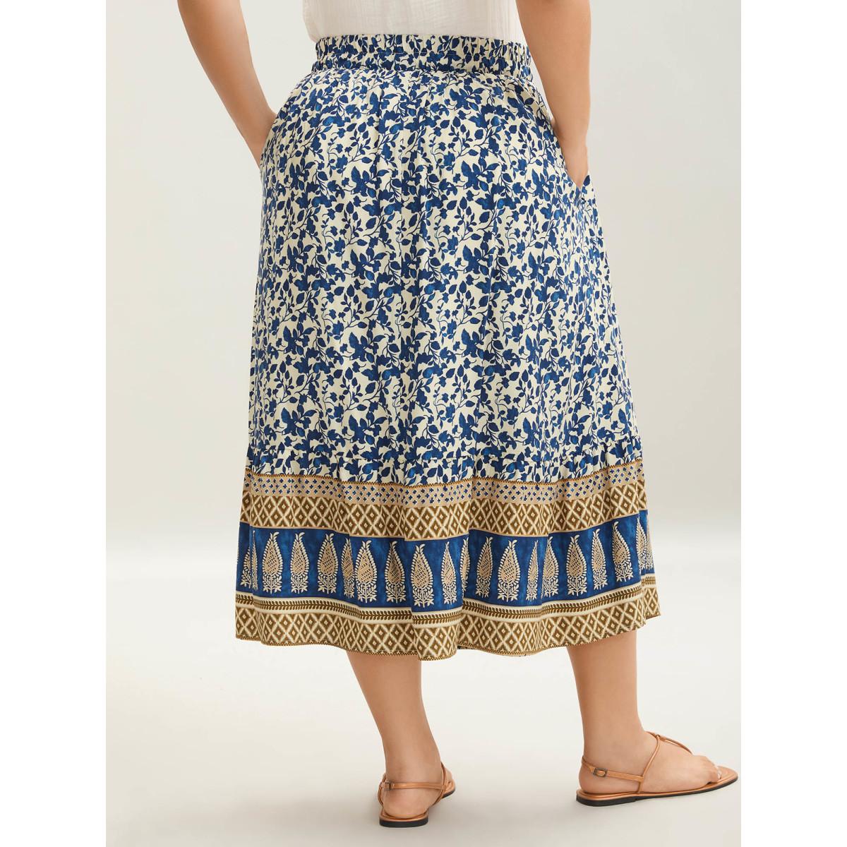 Plus Size Boho Floral Print Shirred Waist Midi Skirt Women Indigo Elegant Shirred Bodycon Low stretch Slanted pocket Everyday Skirts BloomChic 22-24/3X Product Image