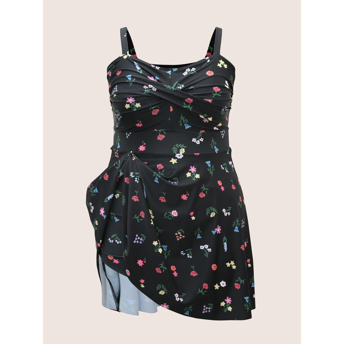 Plus Size Heart Neckline Floral Twist Front Swim Dress Women's Swimwear Black Beach Bodycon Heart neckline High stretch Curve Swim Dresses BloomChic 22-24/3X Product Image