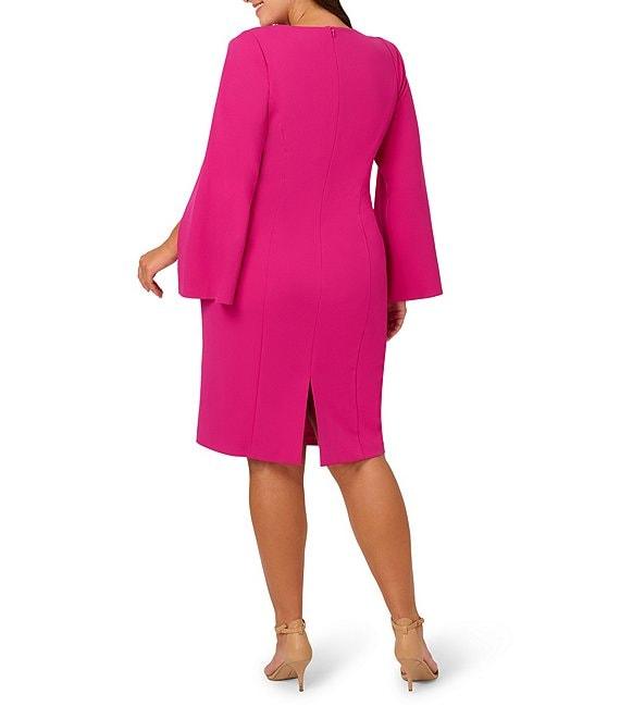 Adrianna Papell Plus Size Solid Crepe Jewel Embellished Split V-Neck Long Sleeve Sheath Dress Product Image