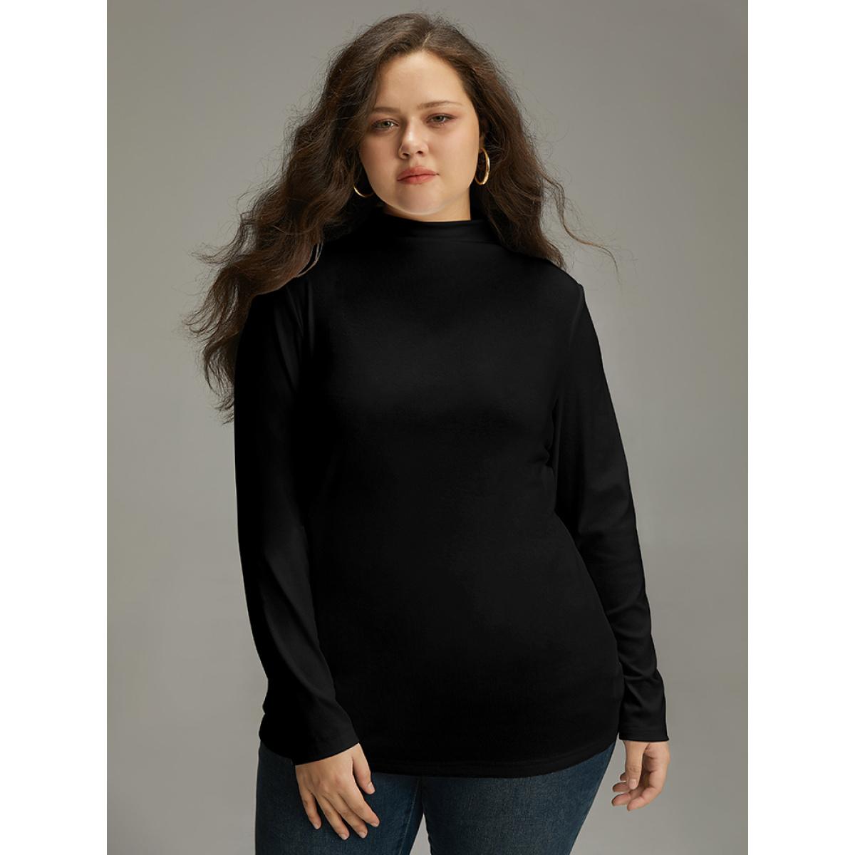 Plus Size Cotton Solid Mock Neck T-shirt Black Women Casual Plain Plain Mock Neck Dailywear T-shirts BloomChic 26/4X Product Image